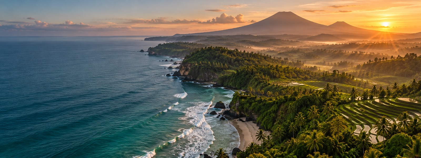 Bali coast, rice terraces and volcanic mountains at sunrise